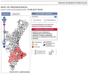 Mapa de Pre Emergencias por Incendios para hoy del 112 Comunitat Valenciana