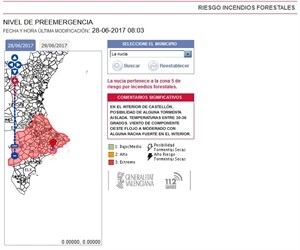 Mapa del estado de Riesgo Extremo por Incendios Forestales elaborado por Emergencias de la Comunitat Valenciana