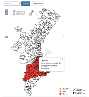 Mapa de Emergencias del 112 que indica el nivel 3 de Pre emergencia por incendios forestales en La Nucía