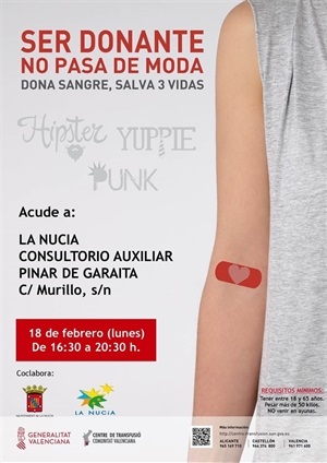 Cartel de la Donación de Sangre del mes de febrero en La Nucía