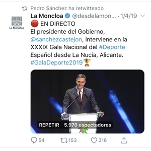 Twitt del presidente del gobierno Pedro Sánchez durante la celebración de la Gala
