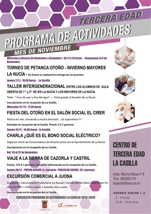 Imagen del Cartel de las actividades de Tercera Edad para este mes de noviembre en La Nucia