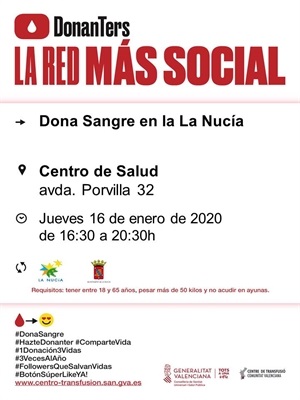 Cartel de la donación de sangre del mes de enero de 2020 en La Nucía