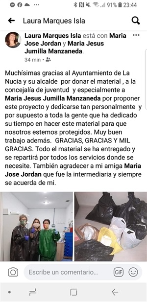 Publicación en Facebook de una de las enfermeras, agradeciendo la "campaña de costura solidaria"