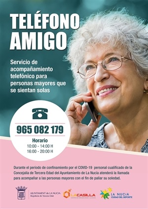 Cartel del servicio gratuito de la concejalía de Tercera Edad "Teléfono Amigo" para l@s mayores nucier@s