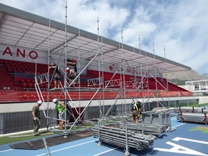 Montaje de televisión en el Estadi Olímpic para la retransmisión de los partidos del Levante UD