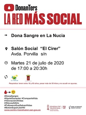 Imagen del Cartel de la Donación de Sangre del próximo martes 21 de julio en La Nucía