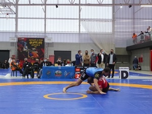 Francisco J. Iglesias, pte. Fed.Española Lucha, David Armendáriz, pte.Fed. Valenciana Lucha, Sergio Villalba, concejal de Deportes y Bernabé Cano, alcalde de La Nucía, siguiendo uno de los combates de lucha del Nacional en La Nucía