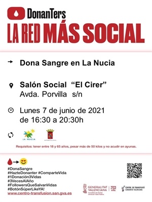 Cartel de la donación de sangre del próximo lunes 7 de junio